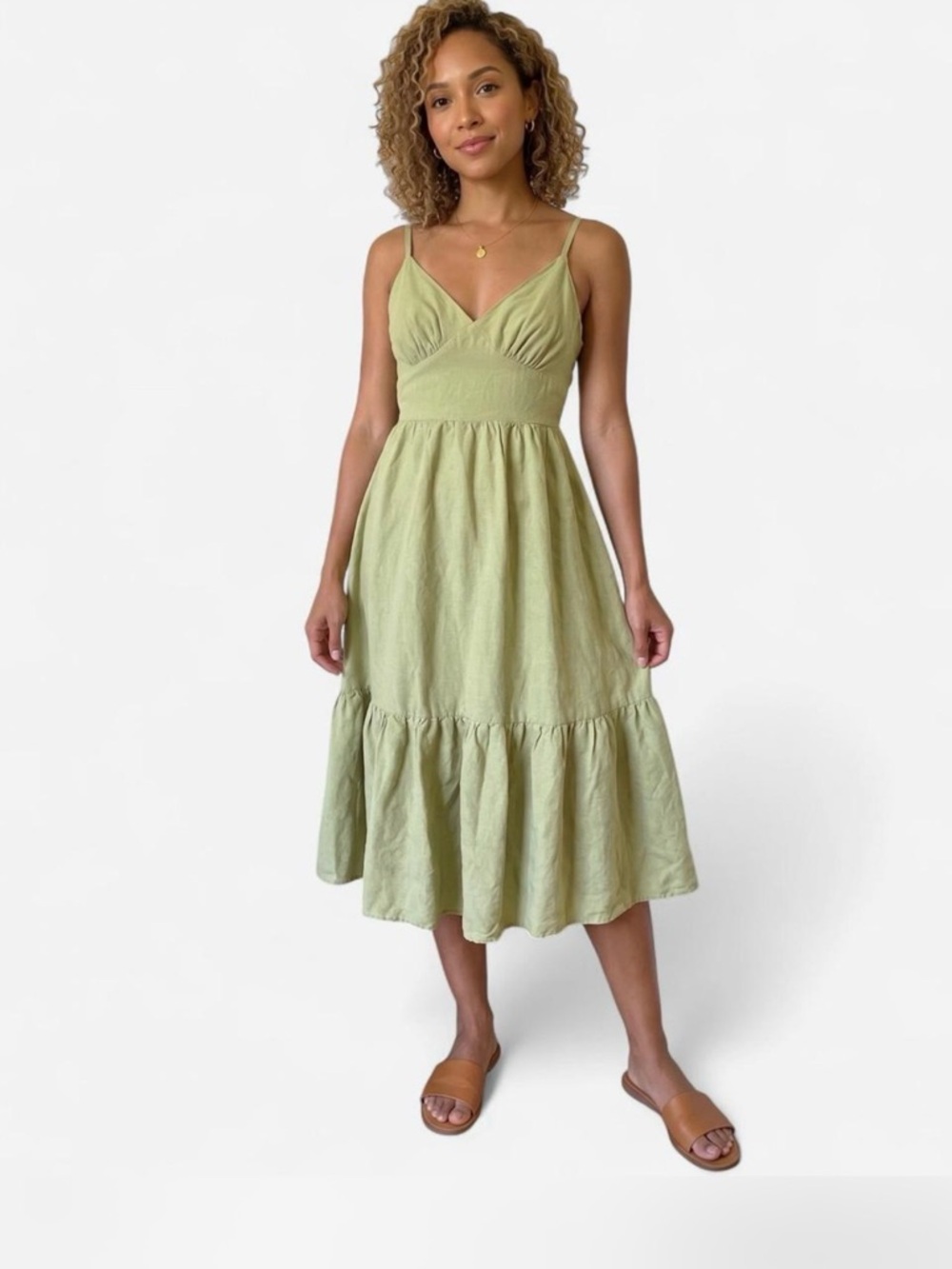 Sleeveless Sage V-Neck Tiered Midi Dress